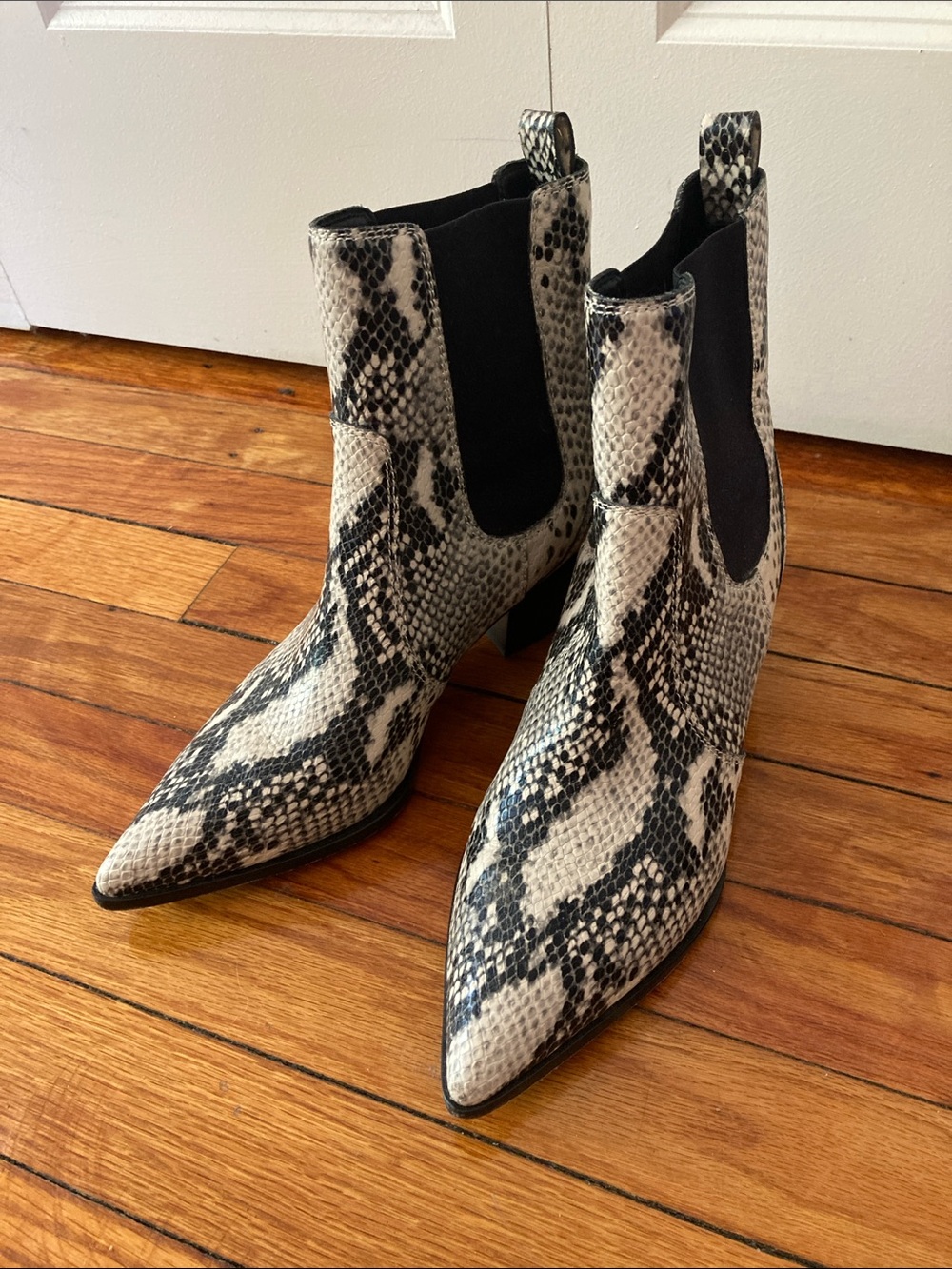 PAIGE Snake-Print Pointed Toe Ankle Booties